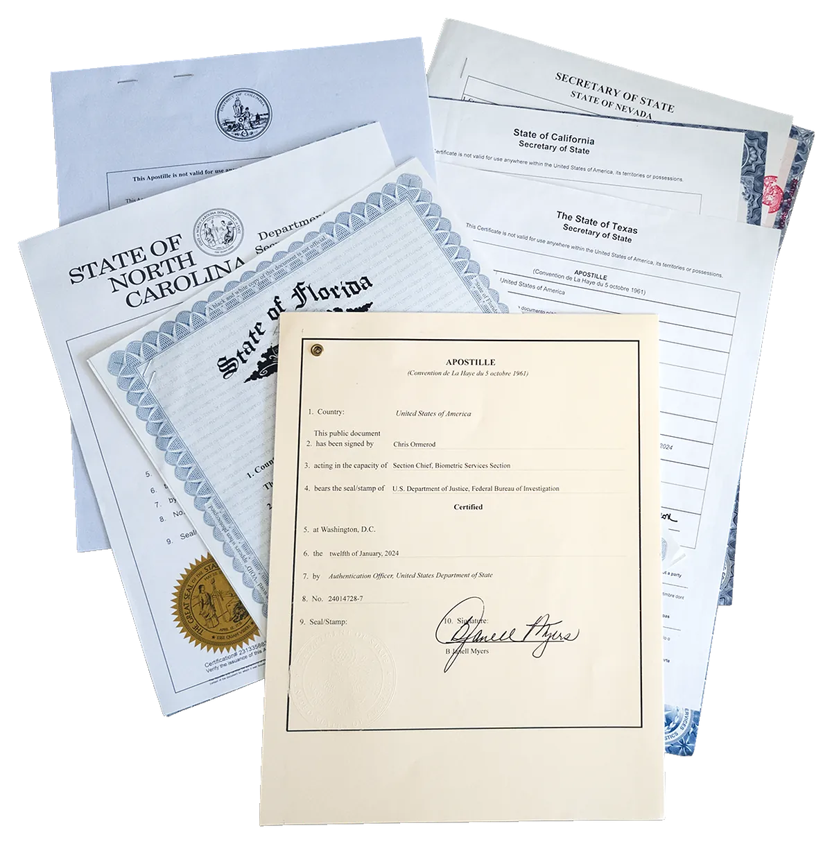 ejemplo de apostille en inglés emitida en Estados Unidos